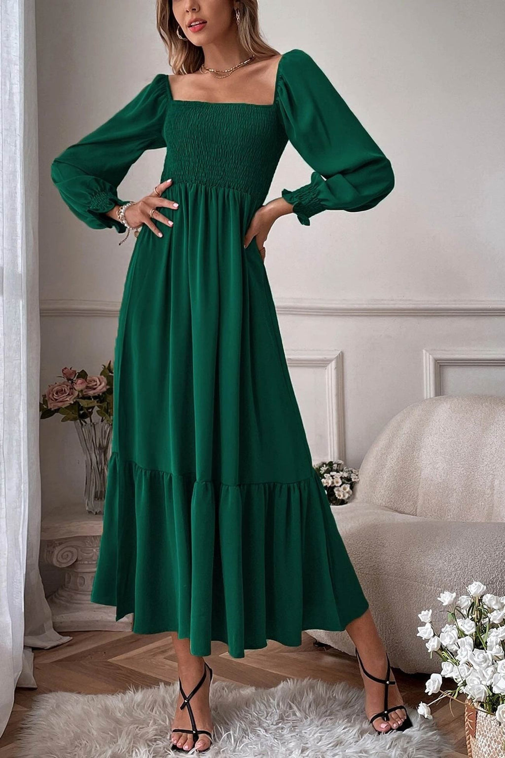 Puff Sleeve Smocked Ruffle Midi Dress