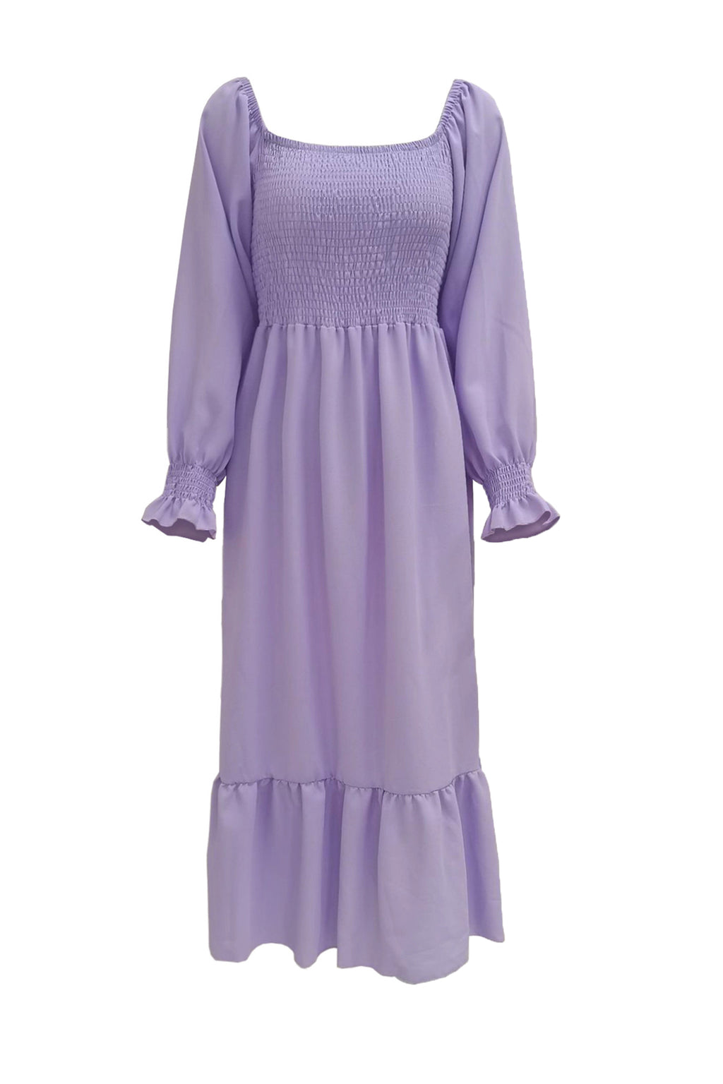 Puff Sleeve Smocked Ruffle Midi Dress