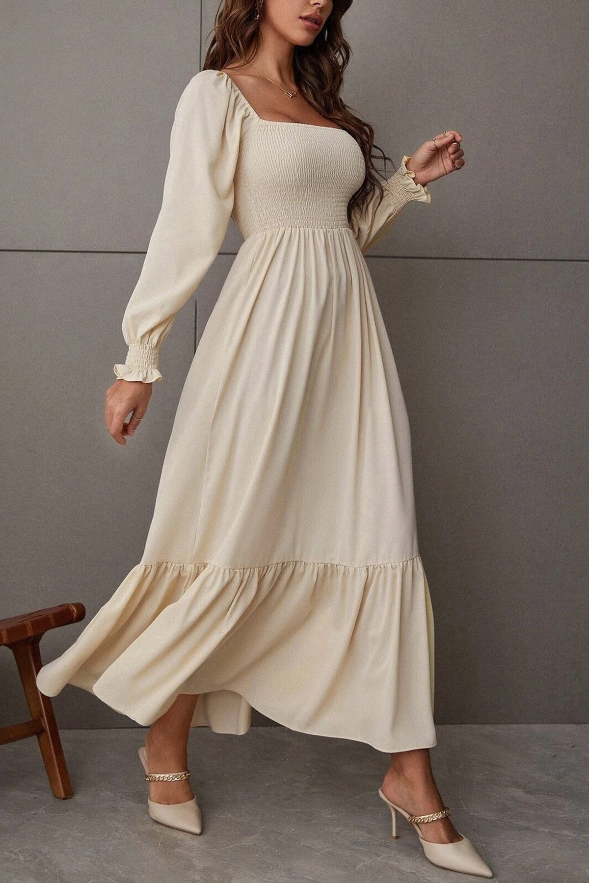 Puff Sleeve Smocked Ruffle Midi Dress