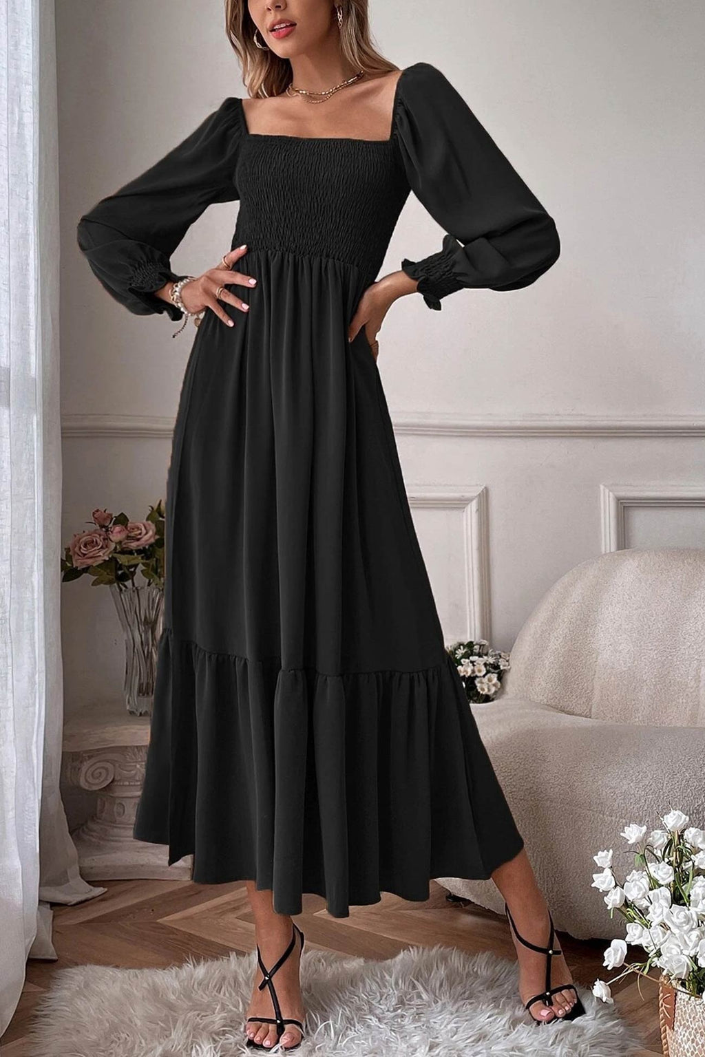 Puff Sleeve Smocked Ruffle Midi Dress