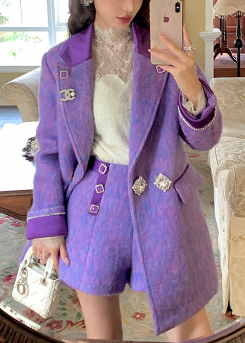 Purple Button Pockets Woolen Coat Peter Pan Collar Winter Wm014