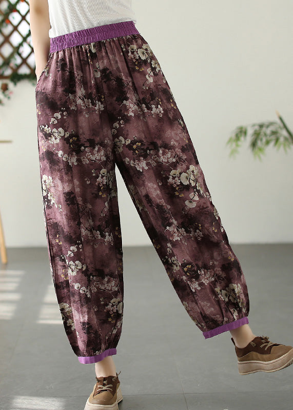 Purple Print Pockets Crop Beach Pants Summer Tq1017
