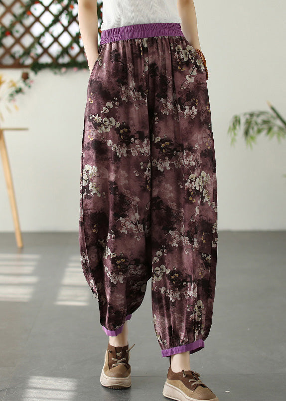 Purple Print Pockets Crop Beach Pants Summer Tq1017
