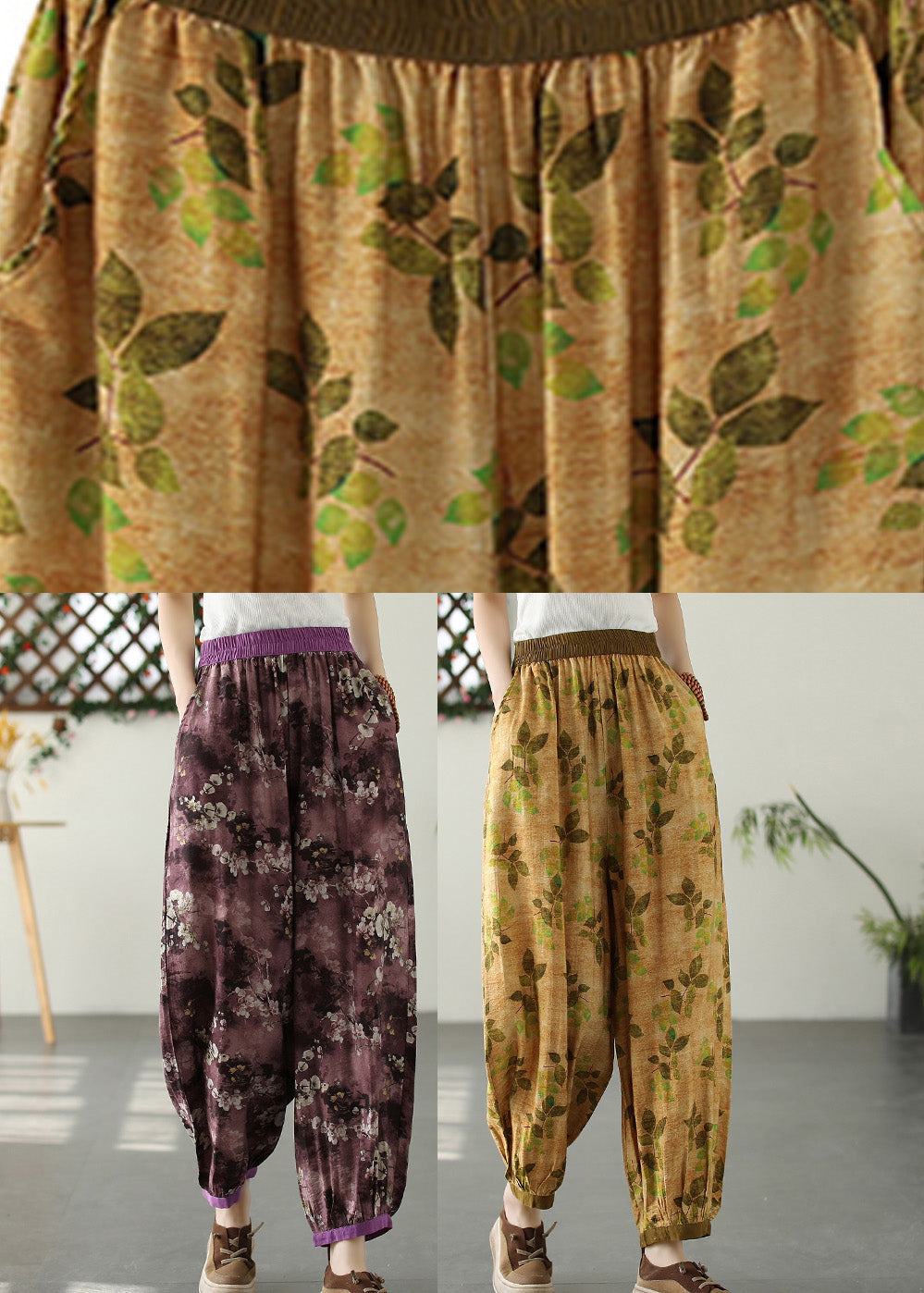 Yellow Wrinkled Elastic Waist Crop Lantern Pants Tq1057