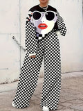 Figure Plaid Print Wide Leg Pants Set At9030