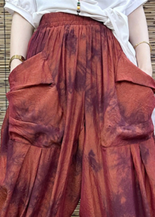 Red Print Elastic Waist Crop Wide Leg Pants Tq1009