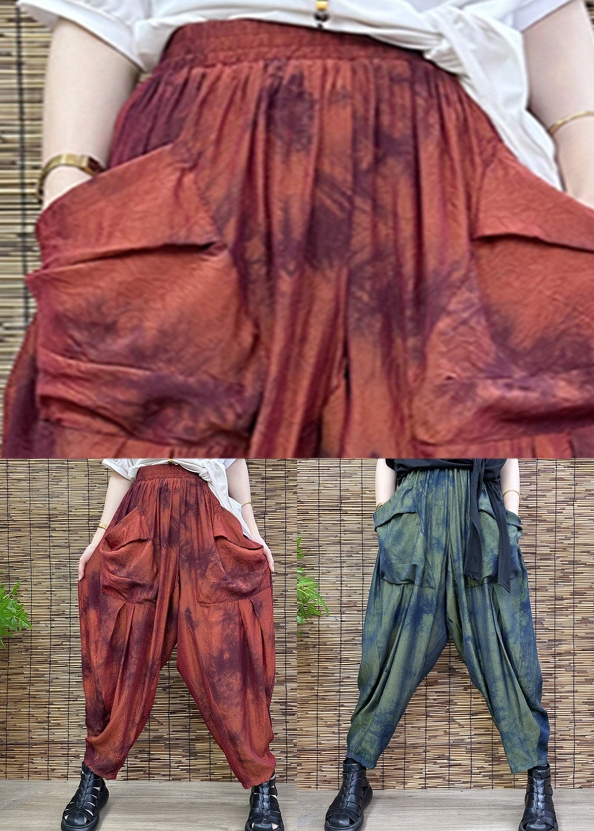 Red Print Elastic Waist Crop Wide Leg Pants Tq1009