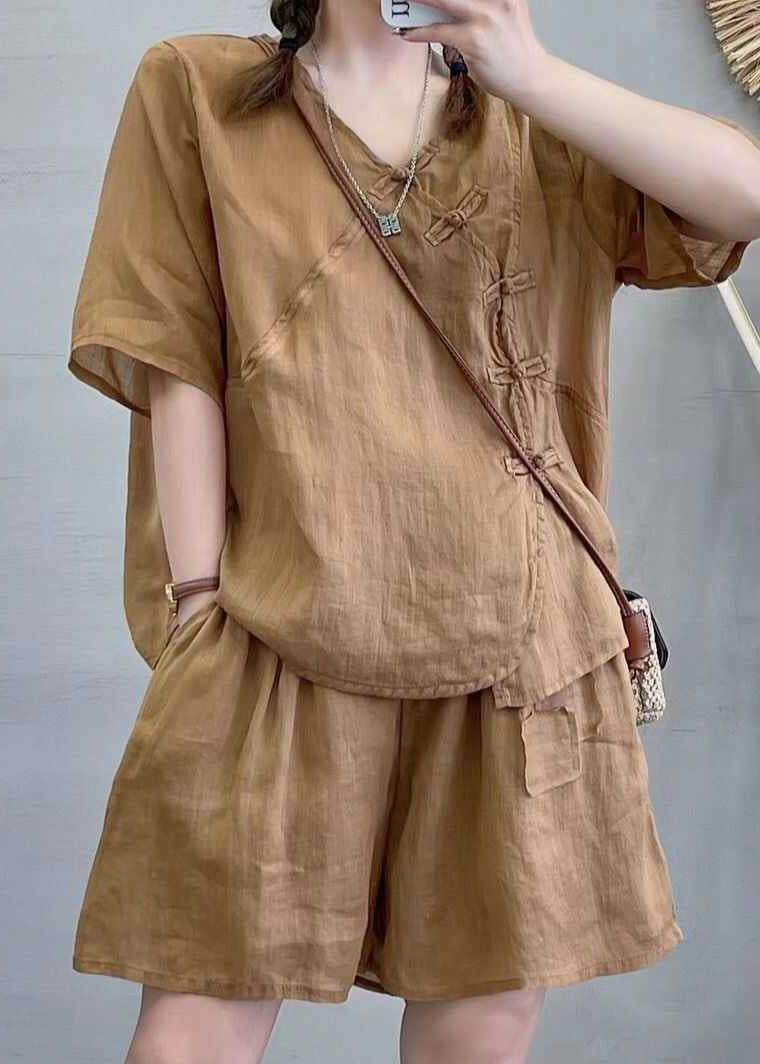 Retro Light Brown Chinese Button Tops and Shorts Cotton Two Pieces Set Summer Qk016
