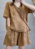 Retro Light Brown Chinese Button Tops and Shorts Cotton Two Pieces Set Summer Qk016