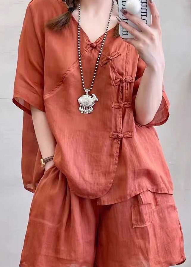 Retro Light Brown Chinese Button Tops and Shorts Cotton Two Pieces Set Summer Qk016