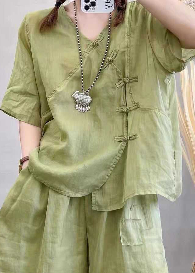 Retro Light Brown Chinese Button Tops and Shorts Cotton Two Pieces Set Summer Qk016