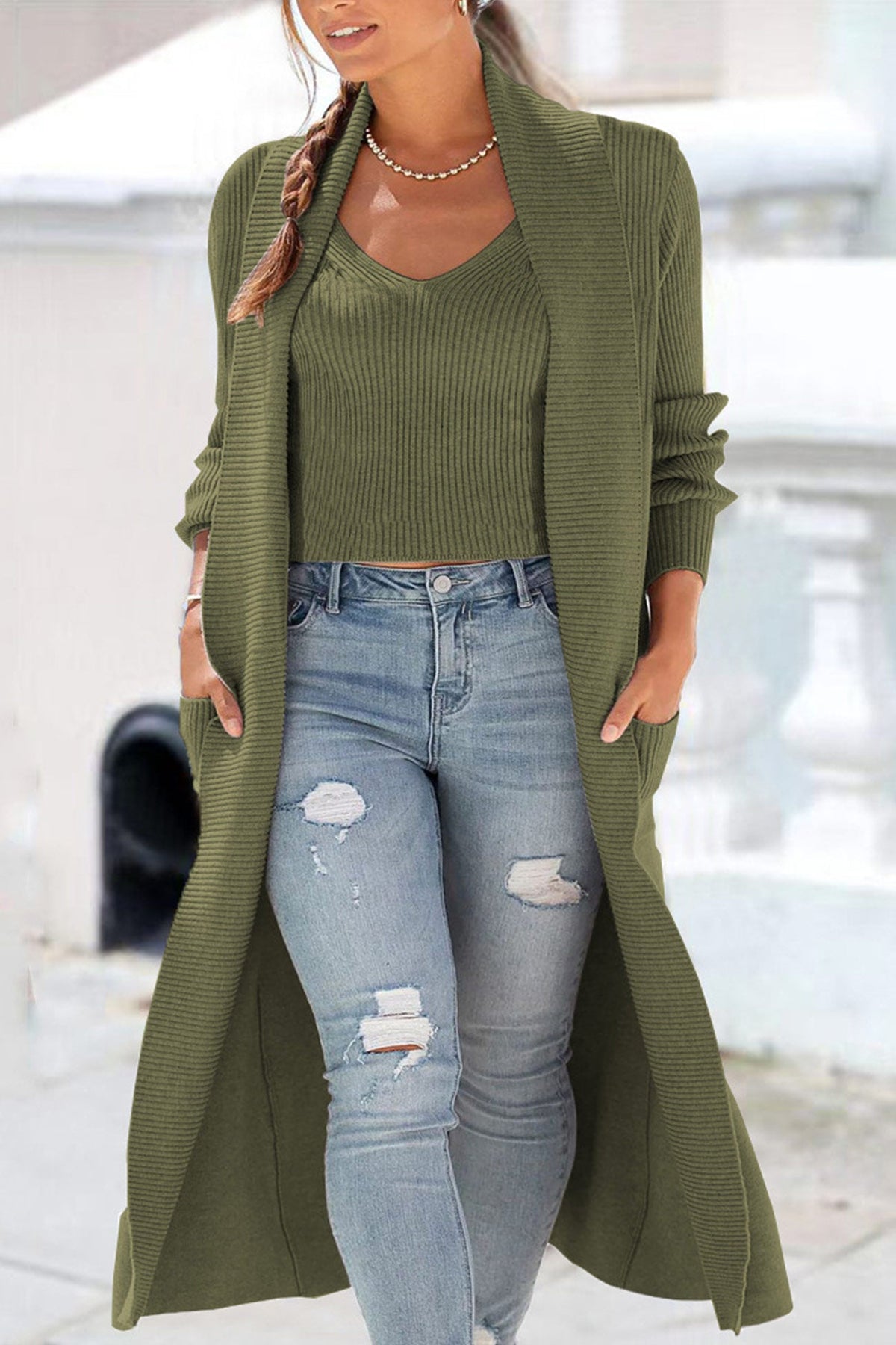 Ribbed Knit Vest Cardigan Two-piece Set