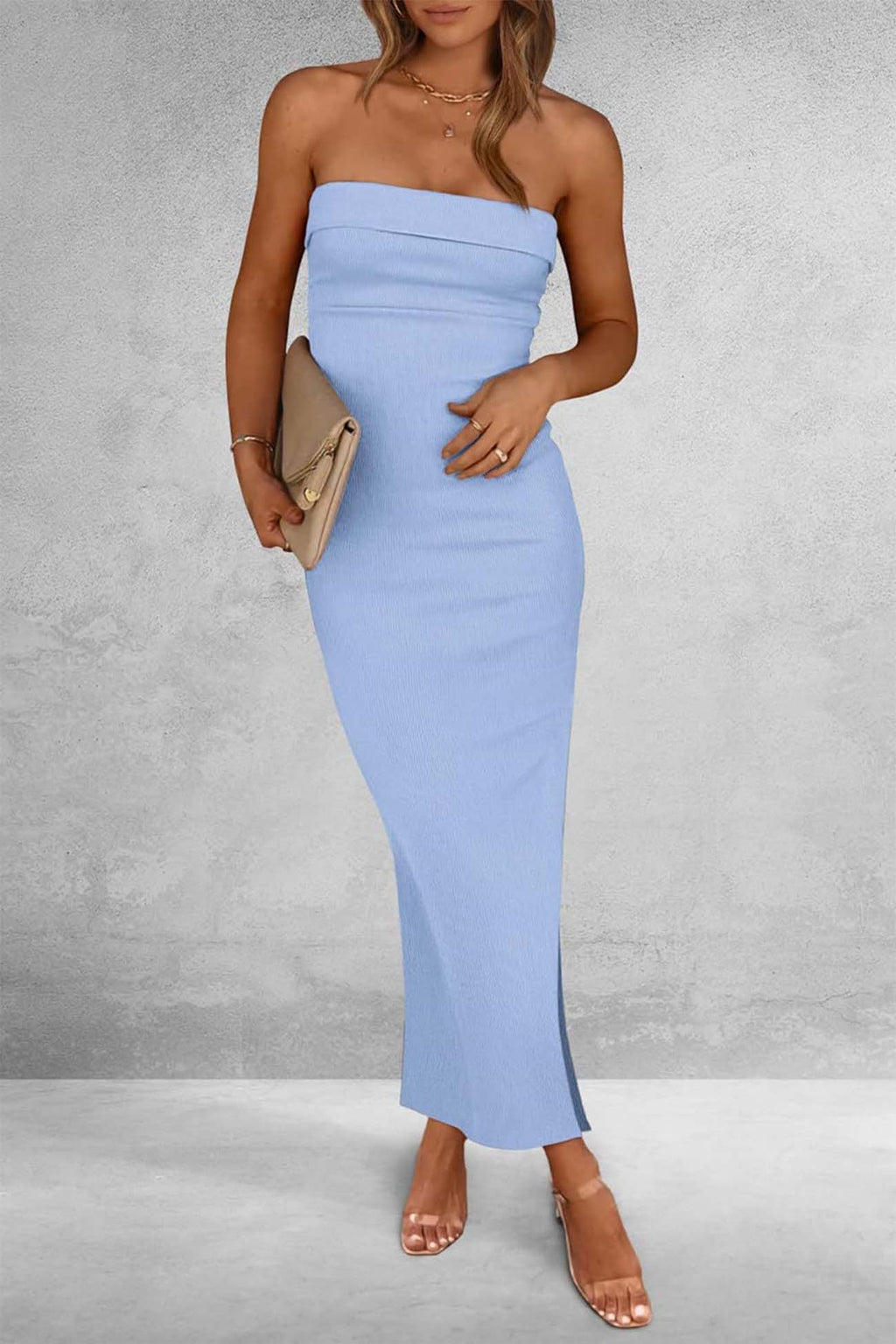 Ribbed Strapless Slit Midi Dress