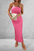 Ribbed Strapless Slit Midi Dress