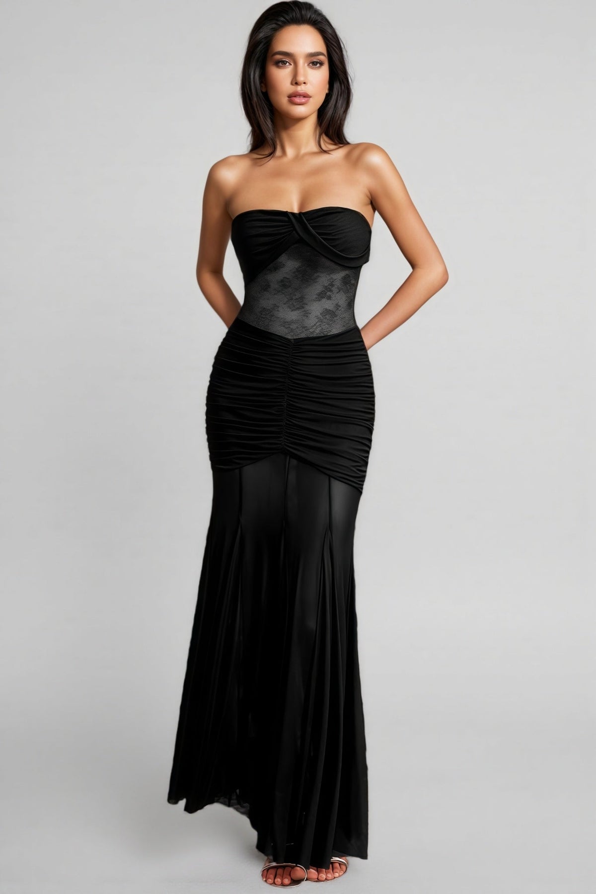 Jouy Black Ruched Mermaid Maxi Dress
