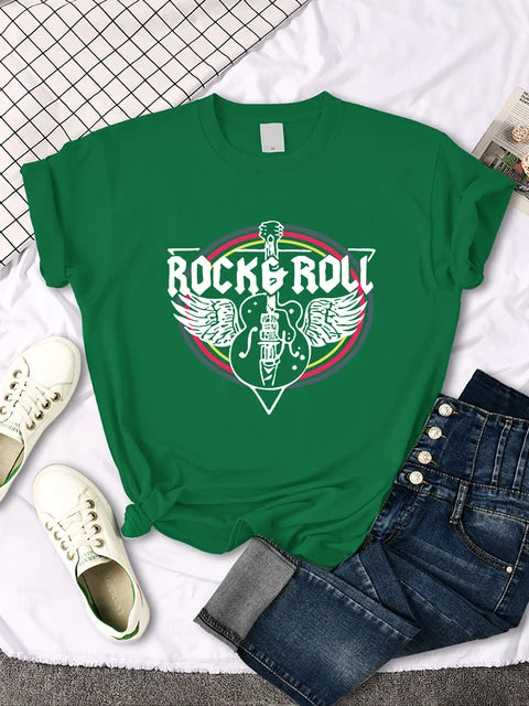 Rock Roll Electric Guitar Printed T-shirt Comfortable Tops Breathable Cool Short Sleeve O-neck Street Tee Clothing