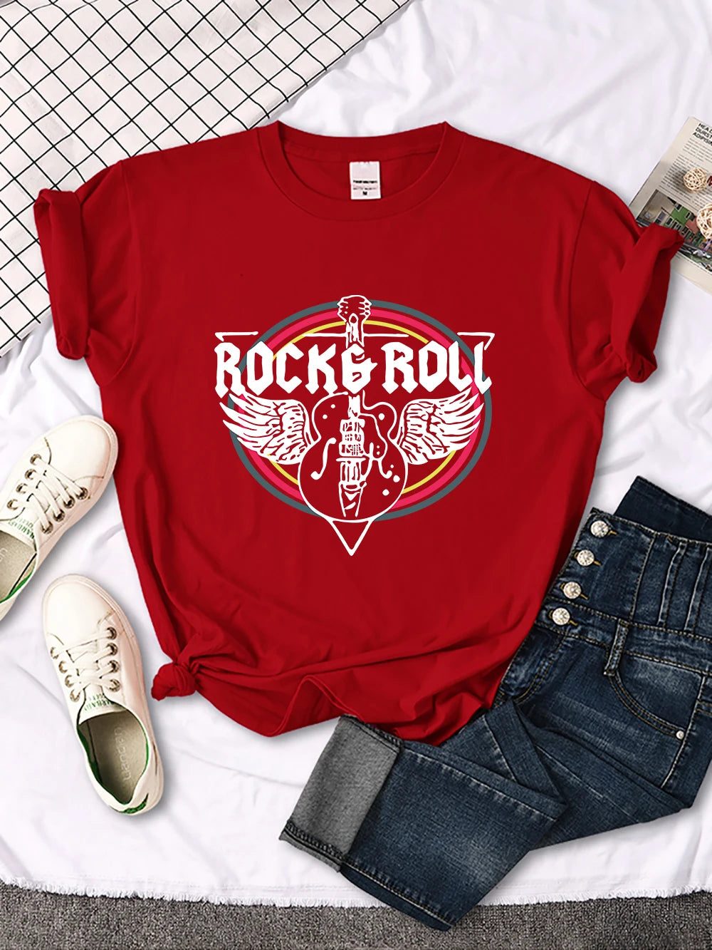 Rock Roll Electric Guitar Printed T-shirt Comfortable Tops Breathable Cool Short Sleeve O-neck Street Tee Clothing