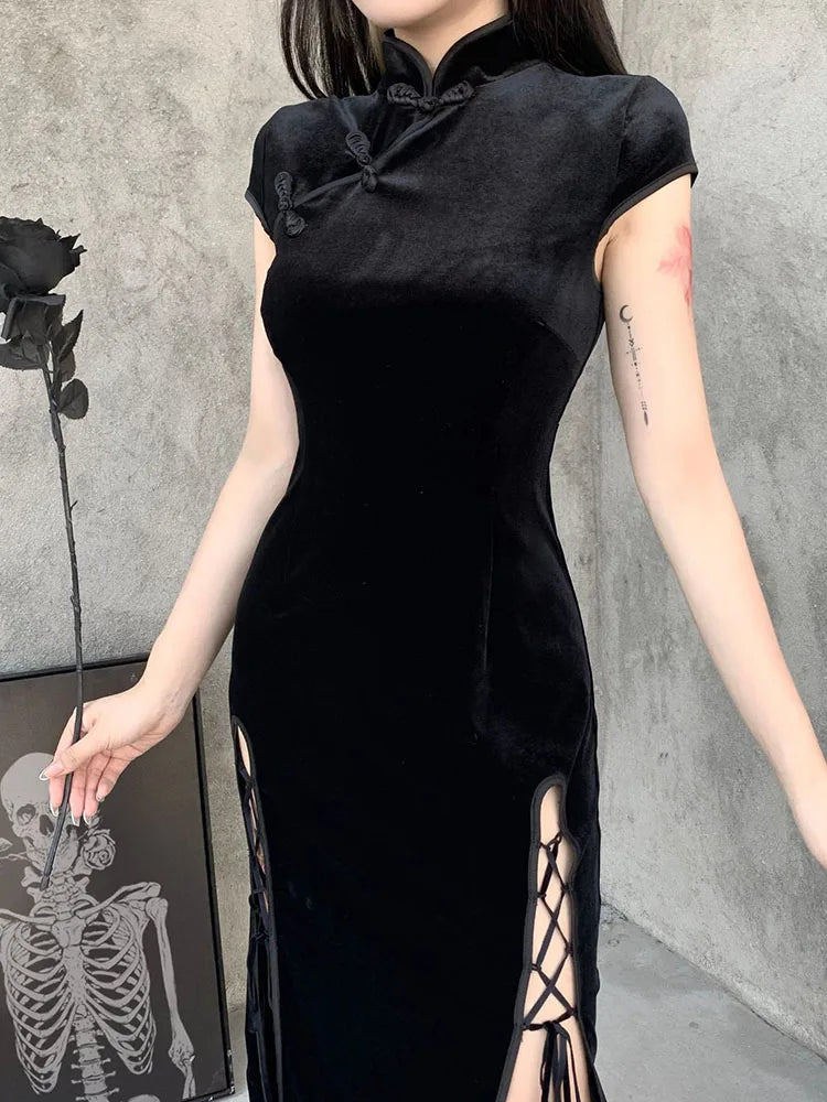 Romantic Gothic Aesthetic Black Evening Cheongsam Midi Dresses