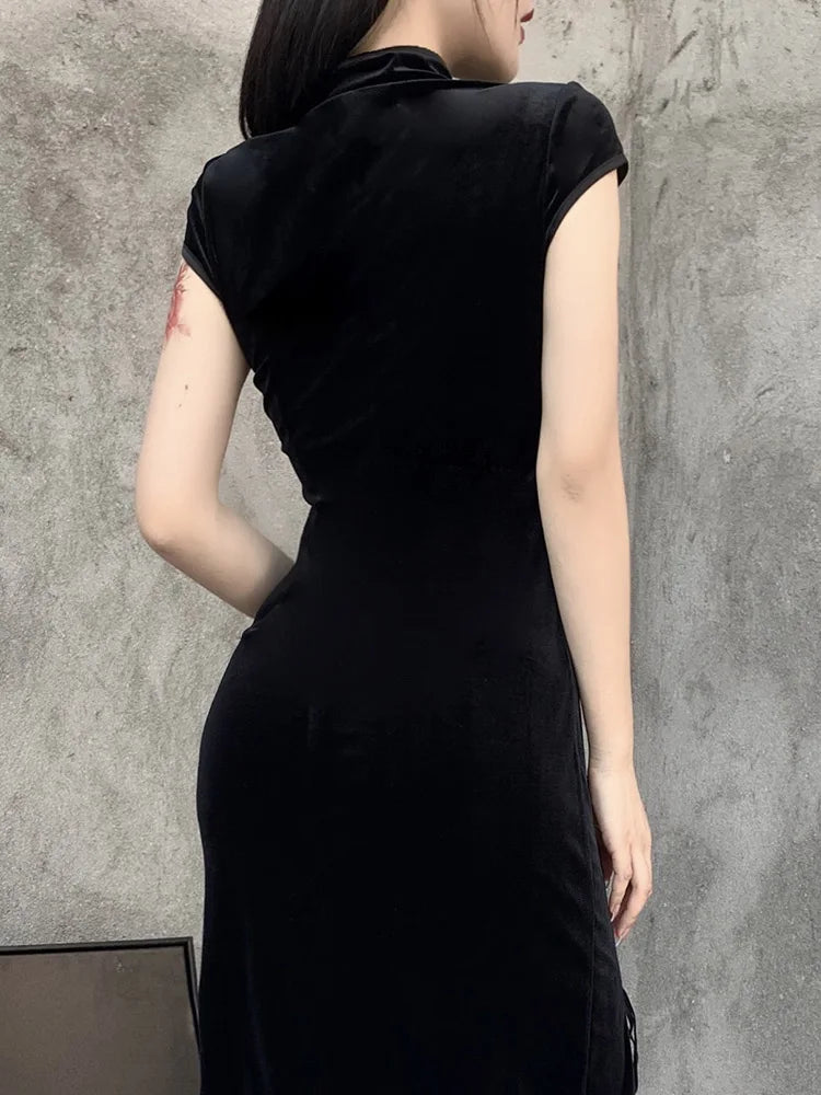 Romantic Gothic Aesthetic Black Evening Cheongsam Midi Dresses