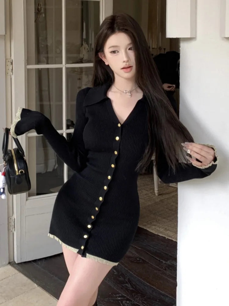 Knitted Mini Dresses for V-neck Flare Sleeve Bodycon Slim Party Dress Korean New Short Vestidos Mujer