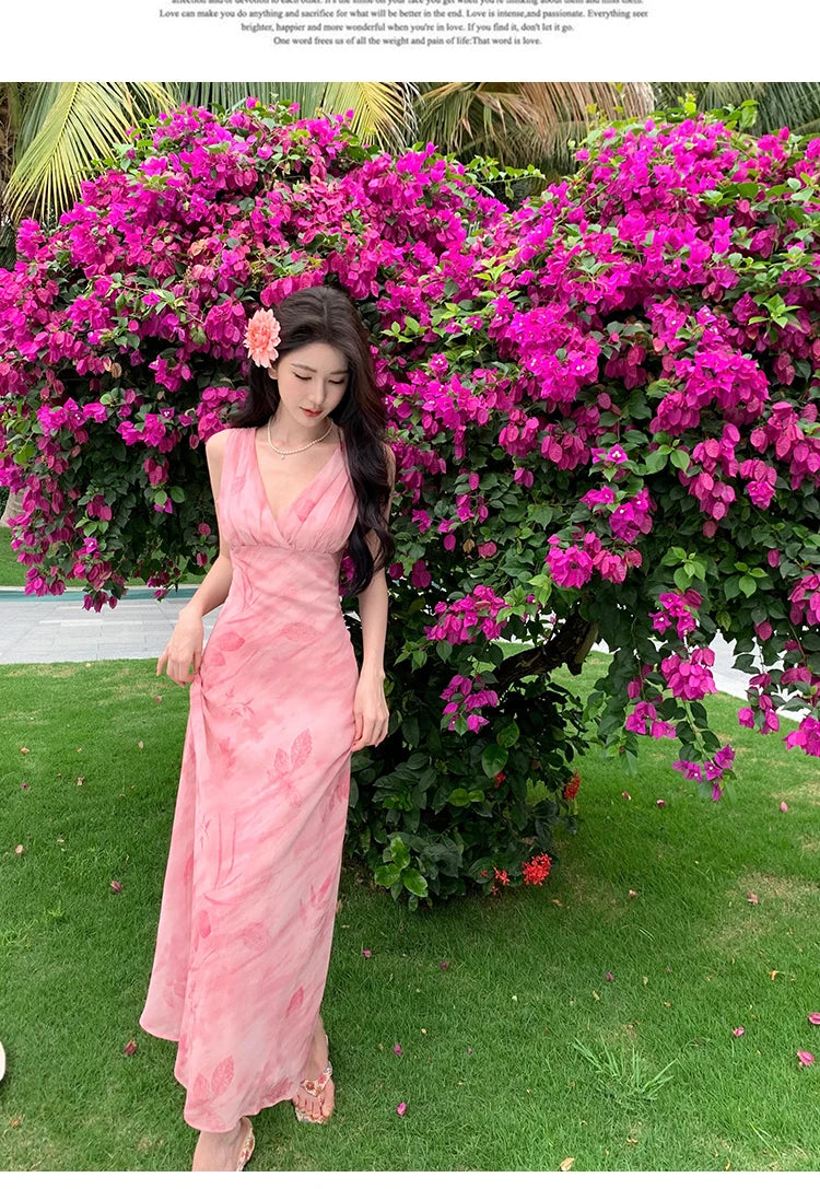 Print Long Dresses Vneck Sleeveless Bodycon Evening Party Dress New Slim Waist Vestidos Mujer New Robe