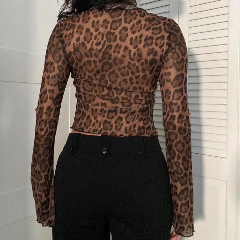 Leopard Print Brown Long Sleeve Crop Top Shirring Detail V-neck Lace-up T-shirt Party Outfits Autumn
