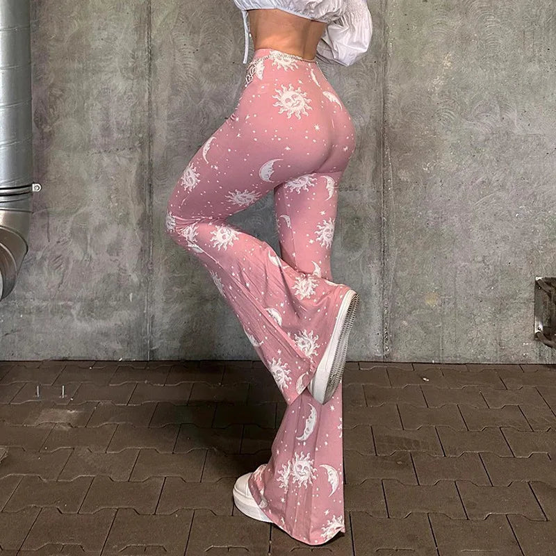 Pink Graphic Flare Pants 90s Clothes Elastic High Waist Sweatpants Harajuku Yk2