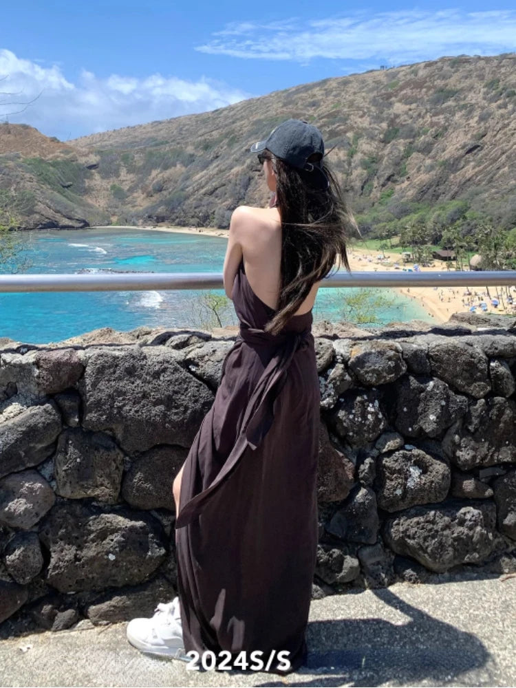 French Vneck Midi Dress Female Beach Style Clothing Summer Retro One Piece Dress Korean