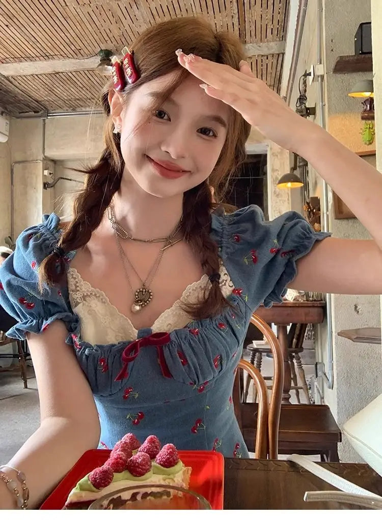 French Printing Mini Dress Japan Sweet Lace Summer One Piece Dress Fairy Evening Party Denim Dresses