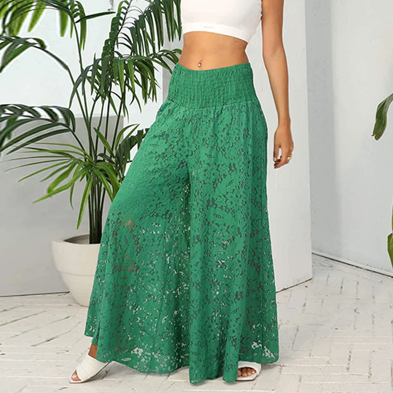 Spring Jacquard Liner Pants Female High Waist Wideleg One Piece Trousers Hollow Lacemesh Patchwork Long Pant