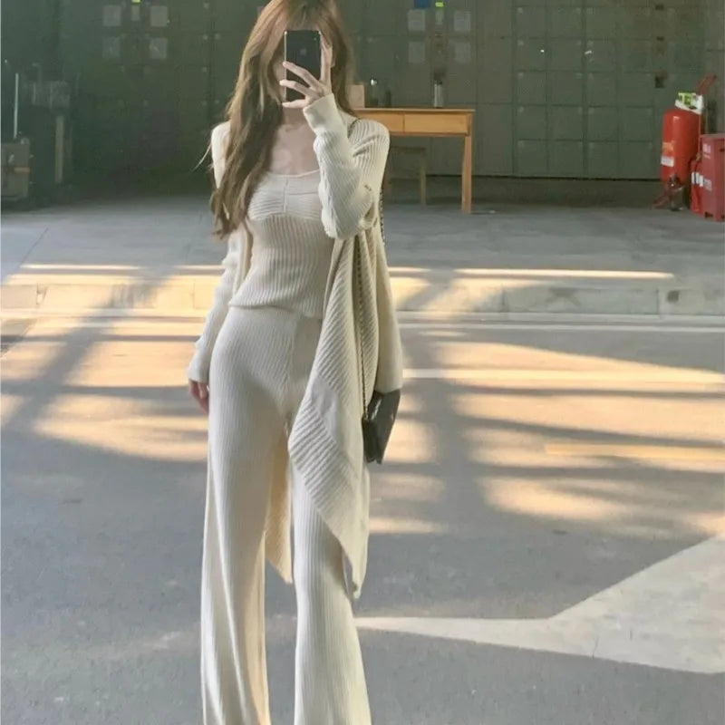 Autumn Winter Knitted 3piece Set Tank Top Long Pants Cardigan Sweater Pullover Korean Outfits New