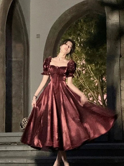Princess Long Dress Puff Sleeve Square Collar High Waist Evening Party Aline Laceup Vestidos Robe Mujers