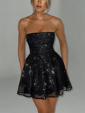 Shiny Sequins Evening Dress Off Shoulder Slim Ruffle Mini Dresses Lady Party Bow Bandage Backless Dress Woman