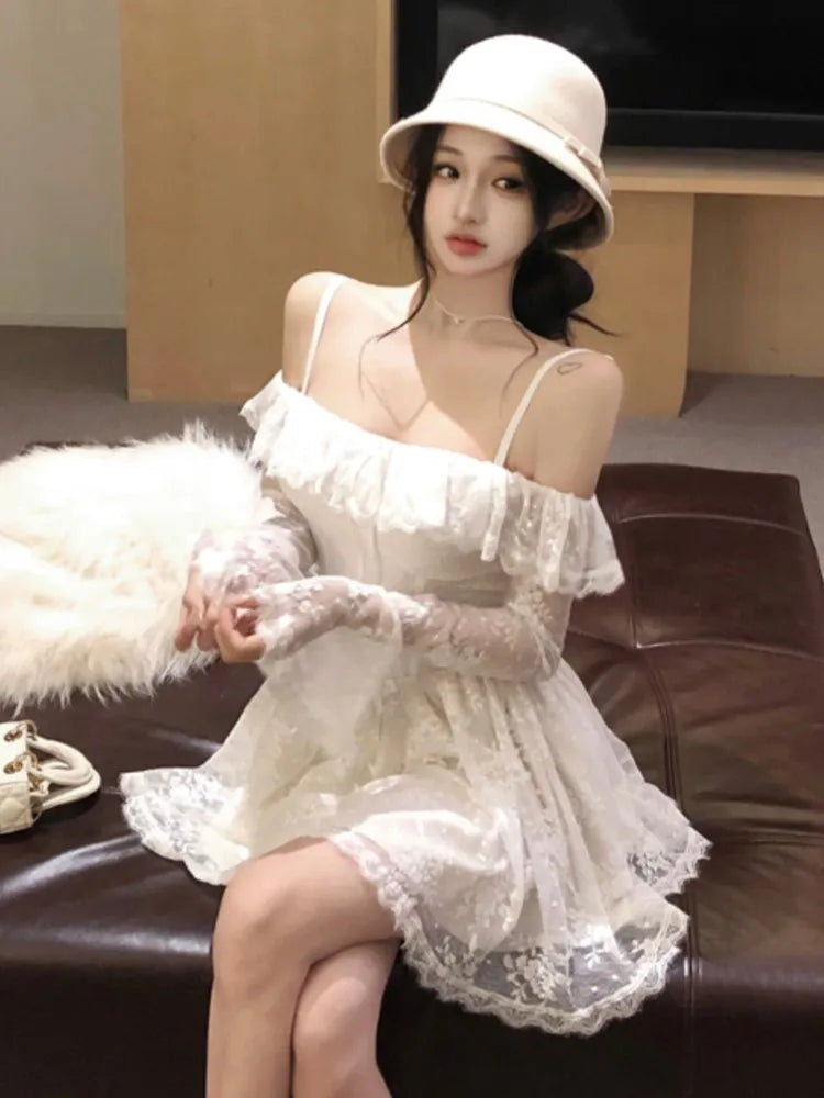 Lace Mini Dress for Sweet Slash Neck Spaghetti Strap Flare Long Sleeves Ruffle Slim Party Dresses Female Clothing New