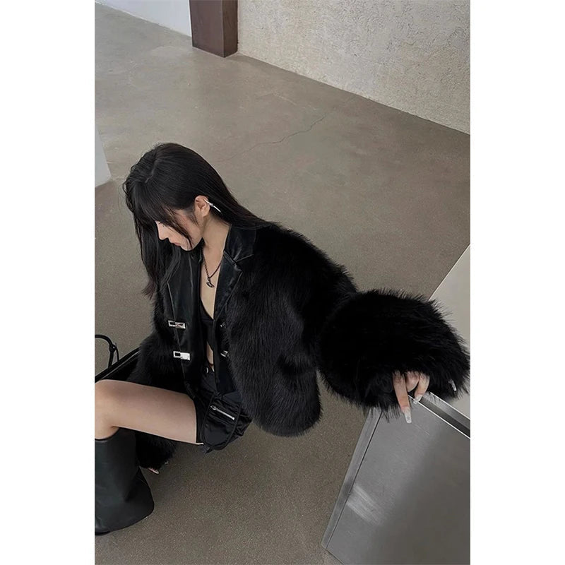 Y2k Cropped Faux Fur Coat Korean Black Quilted Fluffy Jacket Winter Long Sleeve Furry Outerwear New