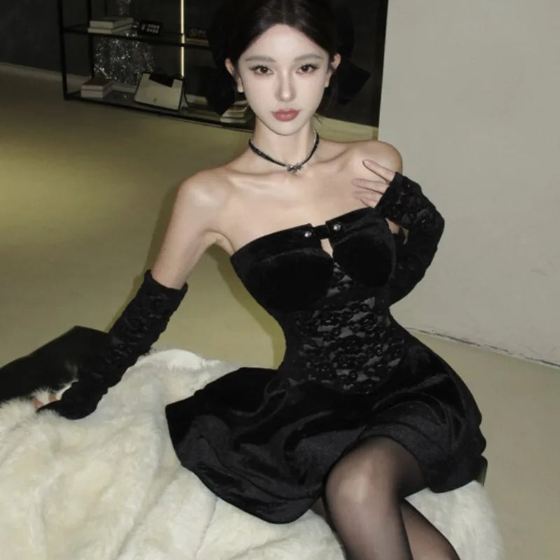 Y2k Gothic Strapless Mini Dresses Black Velvet Lace Patchwork Evening Party Dress A-line Slim Prom Vestidos Mujer New
