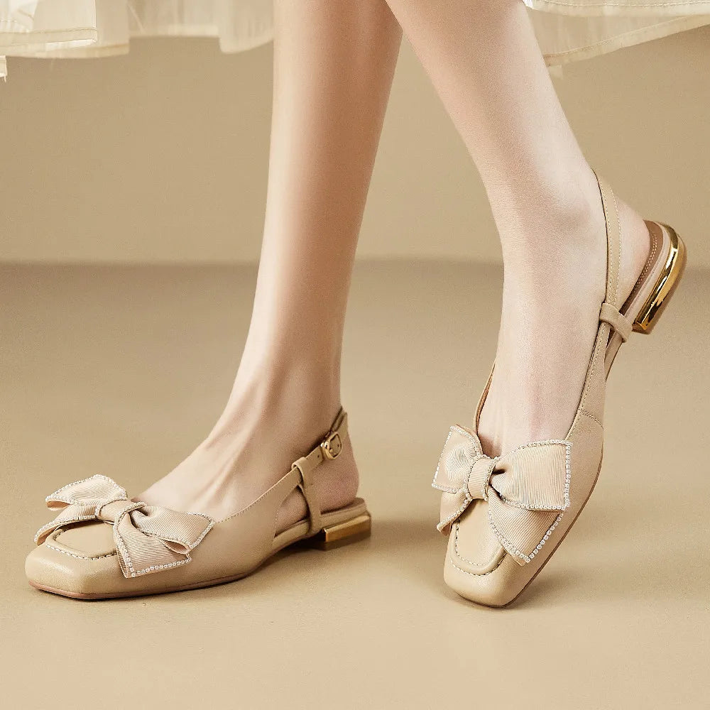 Genuine Leather Slingback Slipon Flats Sandals Square Toe Sweet Bowtie Korean Style Summer Flats Sandalias Shoes