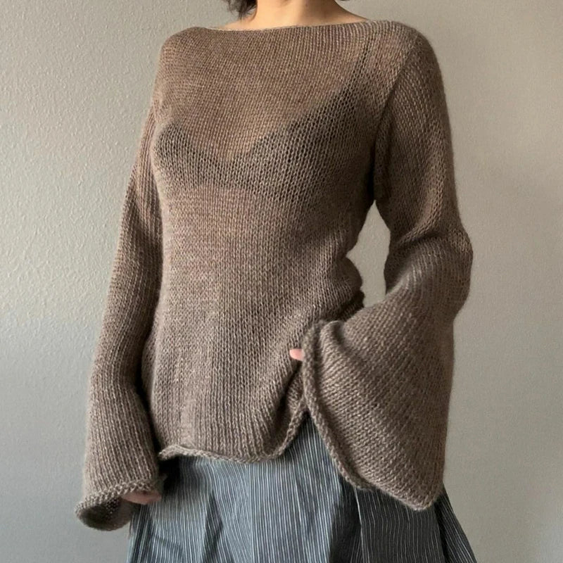 ’s Tie Up Backless Knitted Sweaters Autumn Long Sleeve Boat Neck Pullover Tops Korean Y2k Jumpers T-shirt