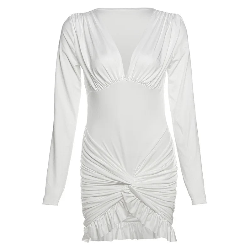 Autumn Cross Ruffle Trim Mini Dress Simple V-neck Ruched Full Sleeve Body-shaping Frock Female Classic Street Vestido