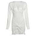 Autumn Cross Ruffle Trim Mini Dress Simple V-neck Ruched Full Sleeve Body-shaping Frock Female Classic Street Vestido