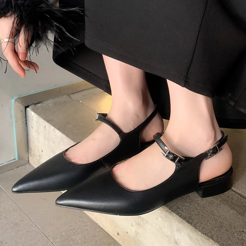 Genuine Leather Pointed Toe Slingback Slipon Flats Sandals Soft Comfortable Female Summer Daily Footwear Shoes