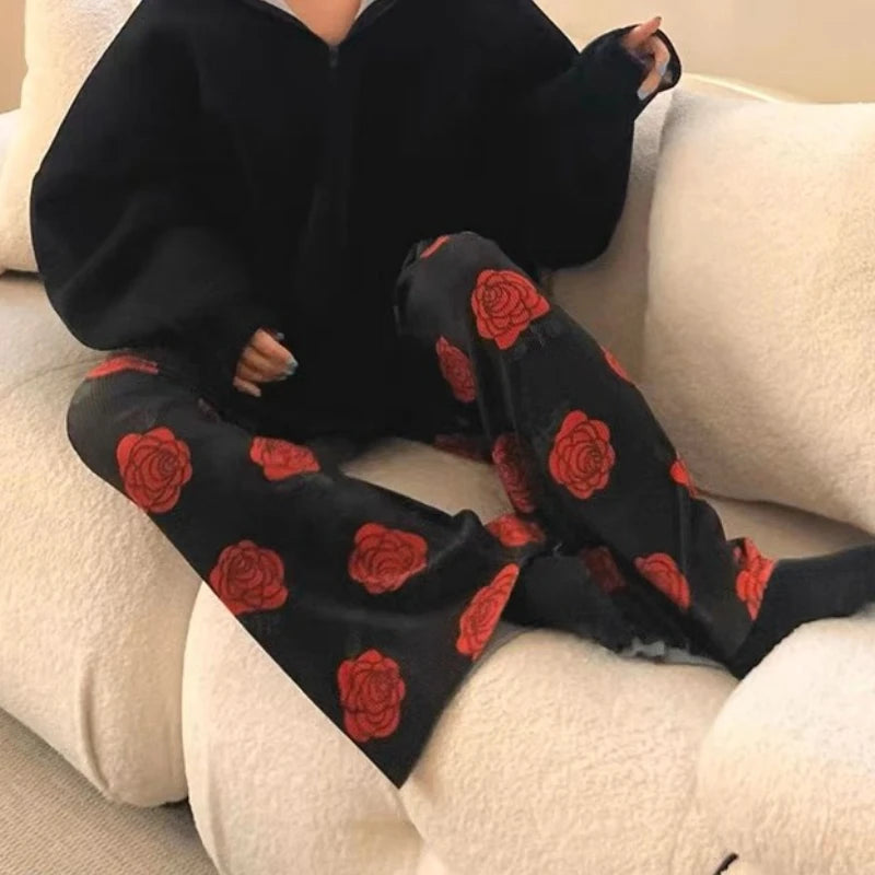 Print Threaded Straight Pants Summer New High Waist Loose All Match Pants