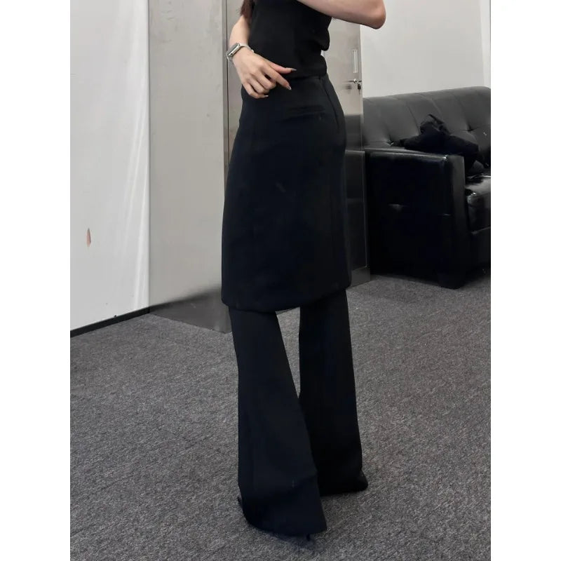 Fake Twopiece Slim Wide Leg Pants Spring New Korean High Waist Pleated Skirt Splicing Knit Pants
