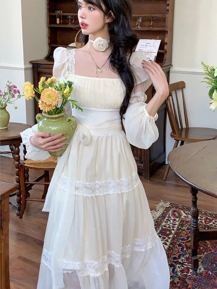 Summer Chiffon Midi Dress Lace Y2k Lolita Fairycore Puff Sleeve High Waist French Evening Party Dresses Prom Robe