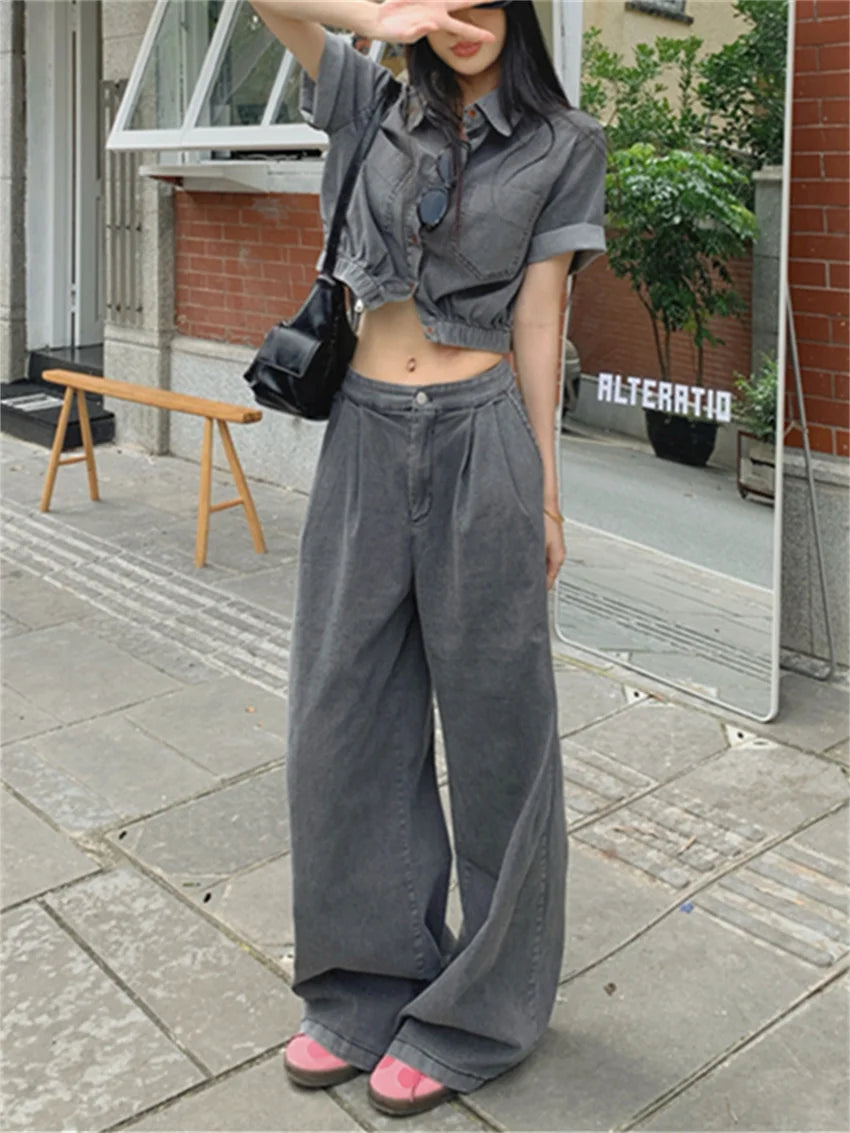 Retro Denim High Street Coats Short Sleeve Slim Mopping Summer New Pants Sets Office Lady All Match
