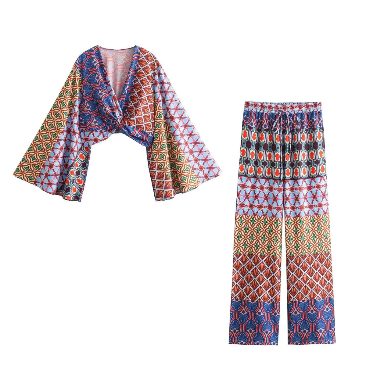 2 Piece Set Vneck Wide Long Sleeves Printed Crop Top Female Elastic High Waist Loose Pants