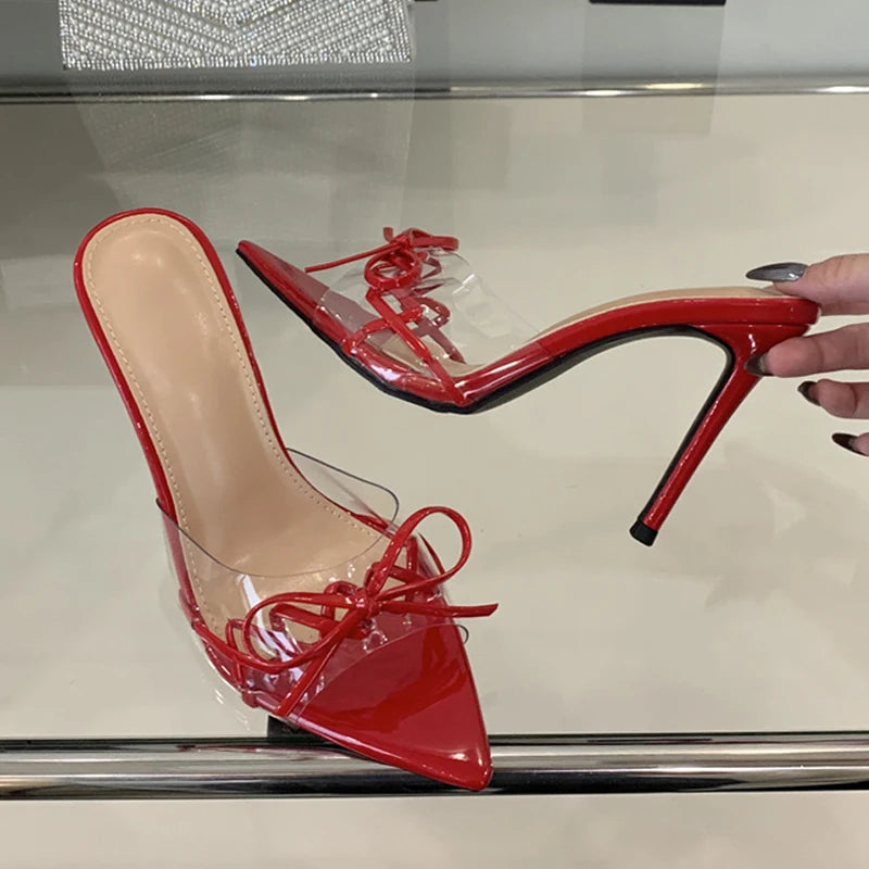 Pointed Toe Red High Heels Transparent Slippers Leather Bowknot Designer Sandal Summer Party Dress Shoes