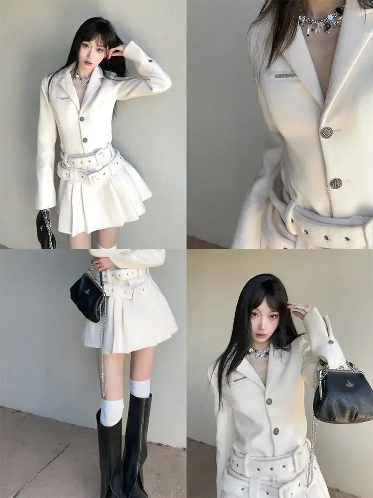 French Highend White Suit Dress Clothing Autumn New Long Sleeve Waist Belted Slimming Aline Pleated Mini Dress