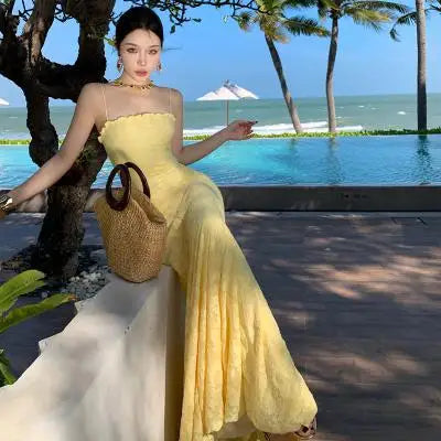 French Summer White Lace Club Slip Long Dress Yellow Backless Pleated Wrap Hip Fishtail Evening Dress Simplicity