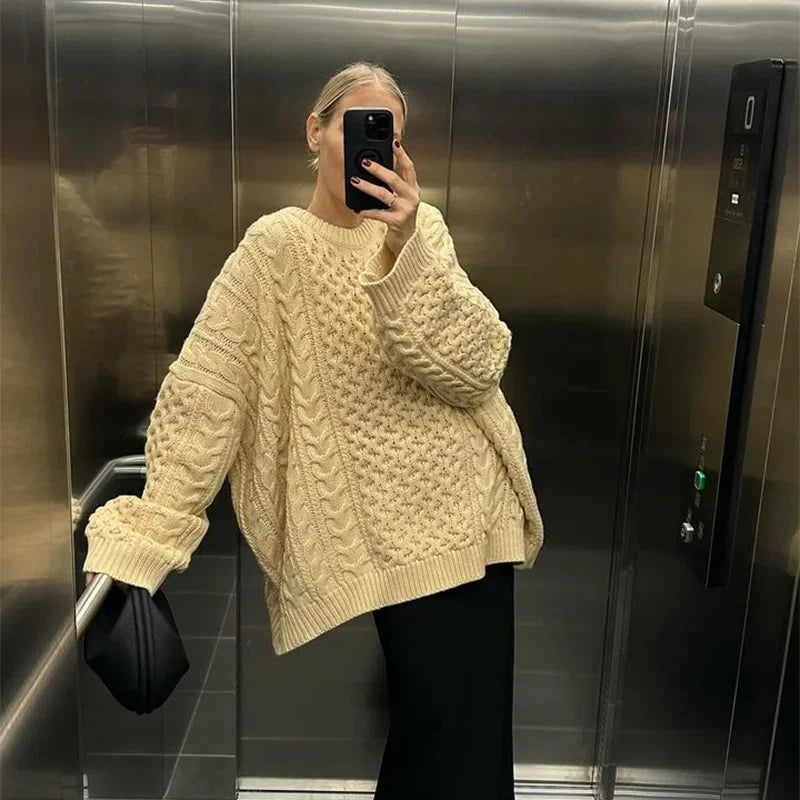 Oversized Knit Twist Pullovers Loose Lazy O-neck Long Sleeve Sweaters Female Autumn New Street Knitwear